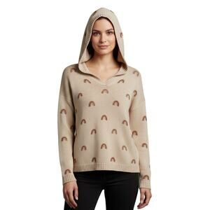 Marled Reunited Clothing Sweater Hoodie Pull Over Beige with Rainbows Size Small